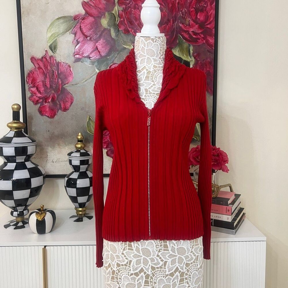Belldini Women's Ribbed Knit Ruffle Rhinestone Zip Cardigan Sweater Red Sz Large